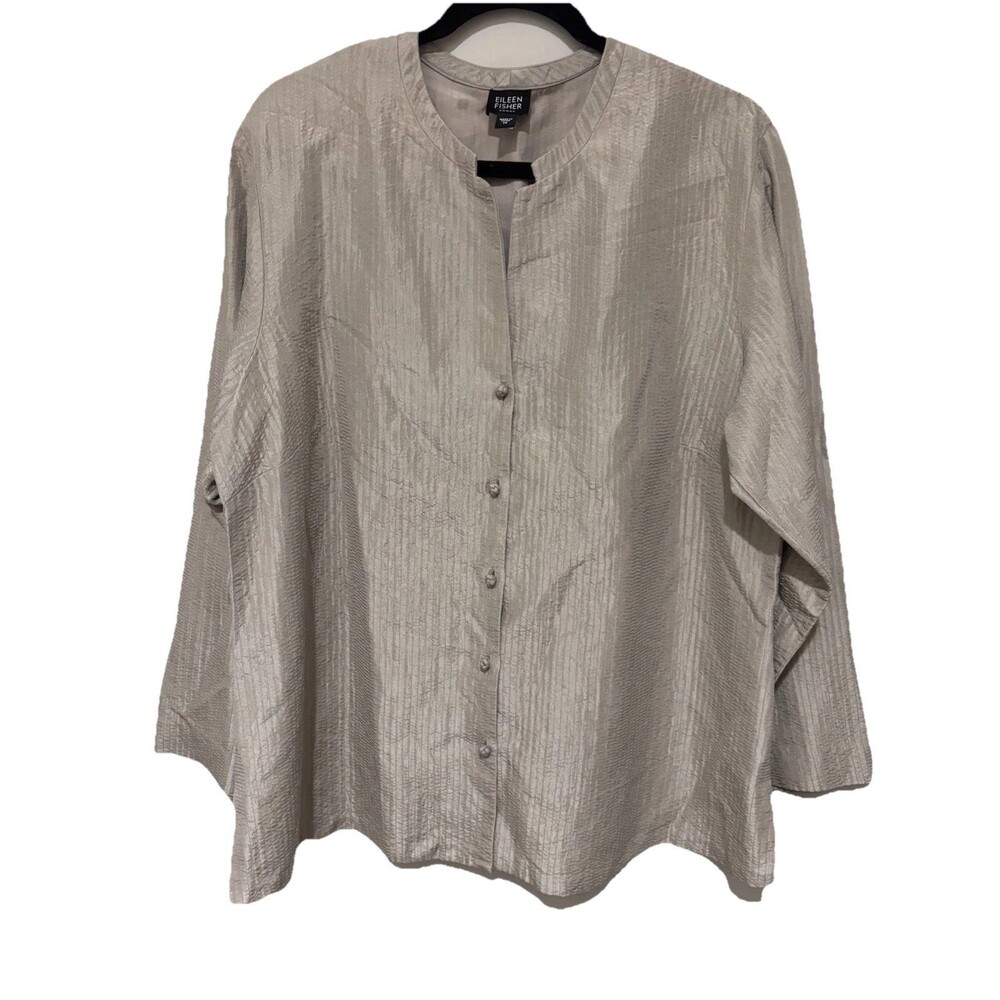 Eileen Fisher Woman XL Silk Cotton Blend Button Front Beige Blouse Light Jacket